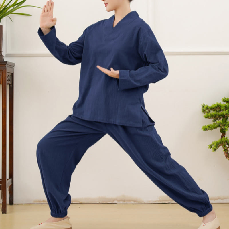 Casual 2pcs Plain Long Sleeve Crumpling Design Shirt Top Skirt With Pockets Meditation Zen Tai Chi Clothing Women's Set