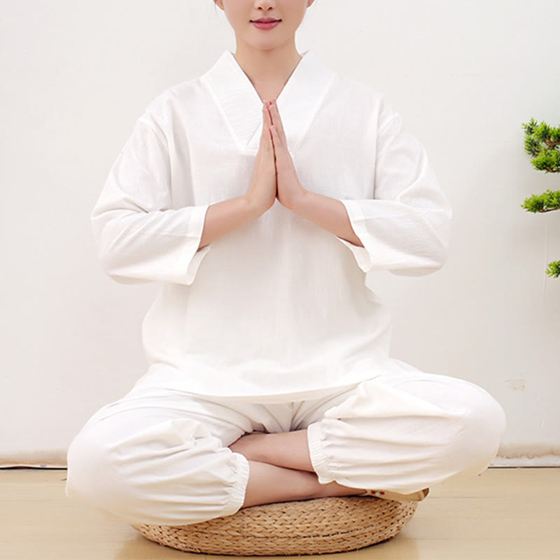 Casual 2pcs Plain Long Sleeve Crumpling Design Shirt Top Skirt With Pockets Meditation Zen Tai Chi Clothing Women's Set