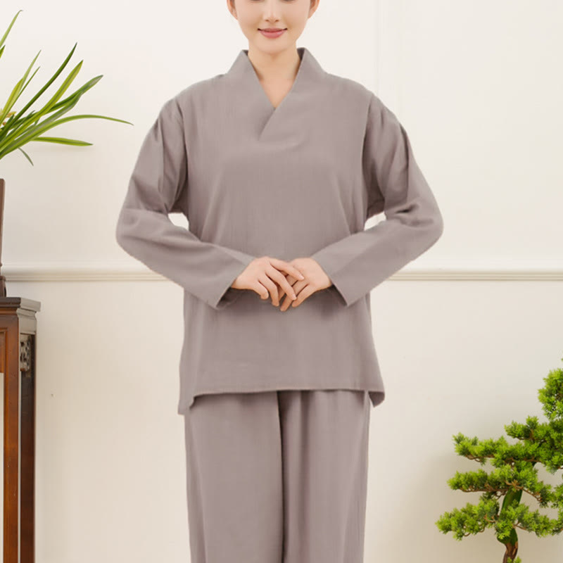 Casual 2pcs Plain Long Sleeve Crumpling Design Shirt Top Skirt With Pockets Meditation Zen Tai Chi Clothing Women's Set