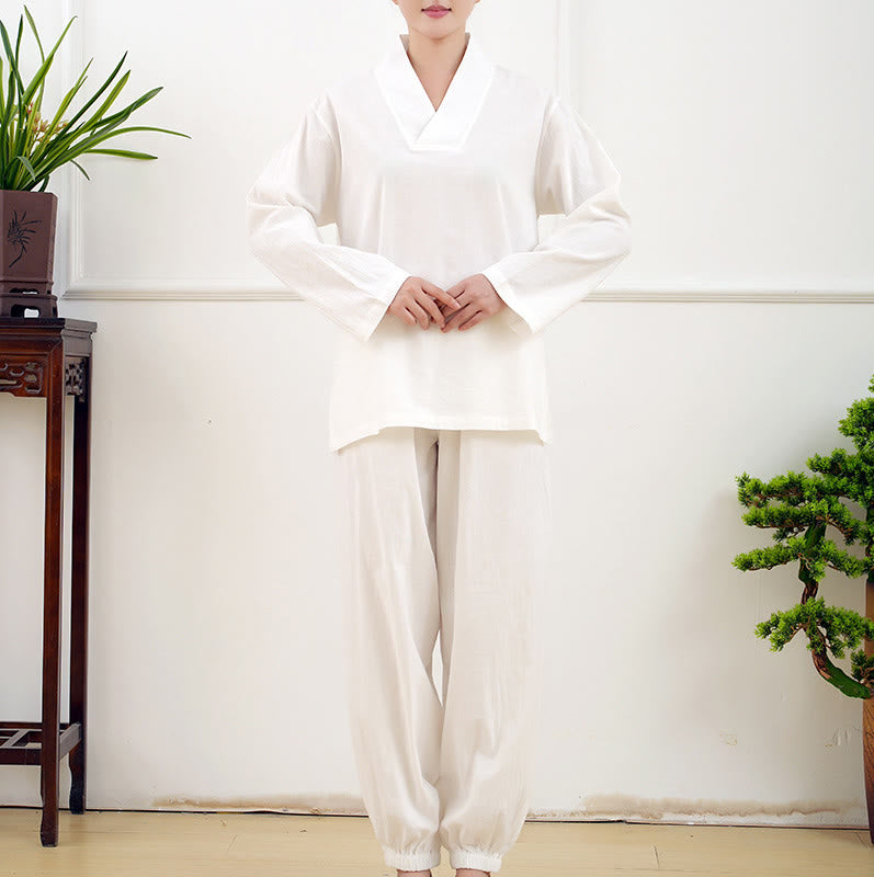 Casual 2pcs Plain Long Sleeve Crumpling Design Shirt Top Skirt With Pockets Meditation Zen Tai Chi Clothing Women's Set
