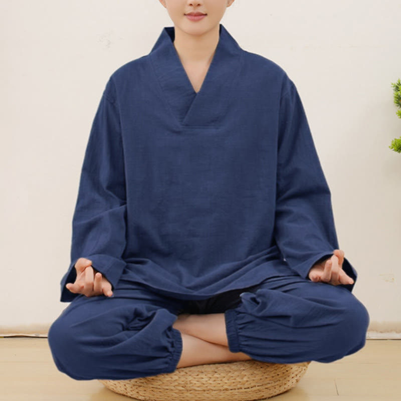 Casual 2pcs Plain Long Sleeve Crumpling Design Shirt Top Skirt With Pockets Meditation Zen Tai Chi Clothing Women's Set