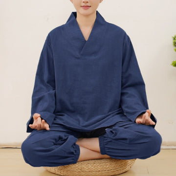 Casual 2pcs Plain Long Sleeve Crumpling Design Shirt Top Skirt With Pockets Meditation Zen Tai Chi Clothing Women's Set
