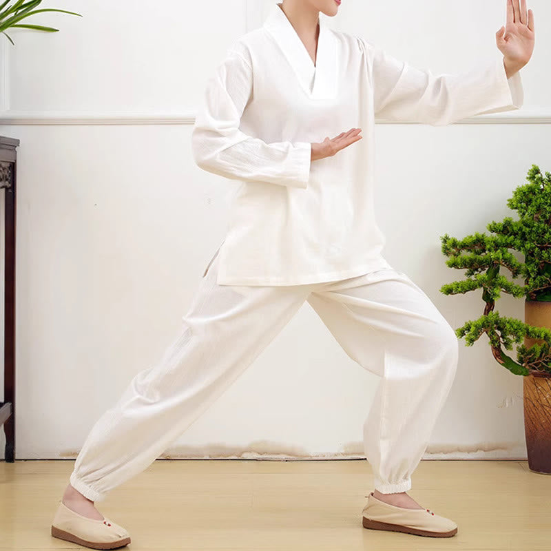 Casual 2pcs Plain Long Sleeve Crumpling Design Shirt Top Skirt With Pockets Meditation Zen Tai Chi Clothing Women's Set