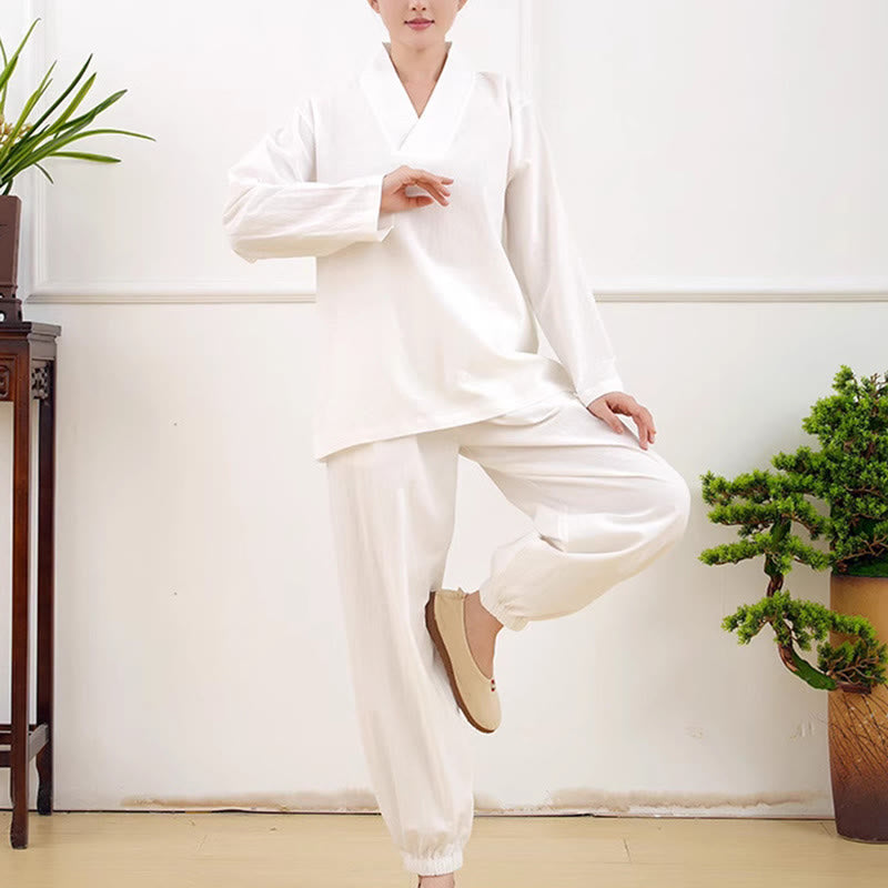 Casual 2pcs Plain Long Sleeve Crumpling Design Shirt Top Skirt With Pockets Meditation Zen Tai Chi Clothing Women's Set