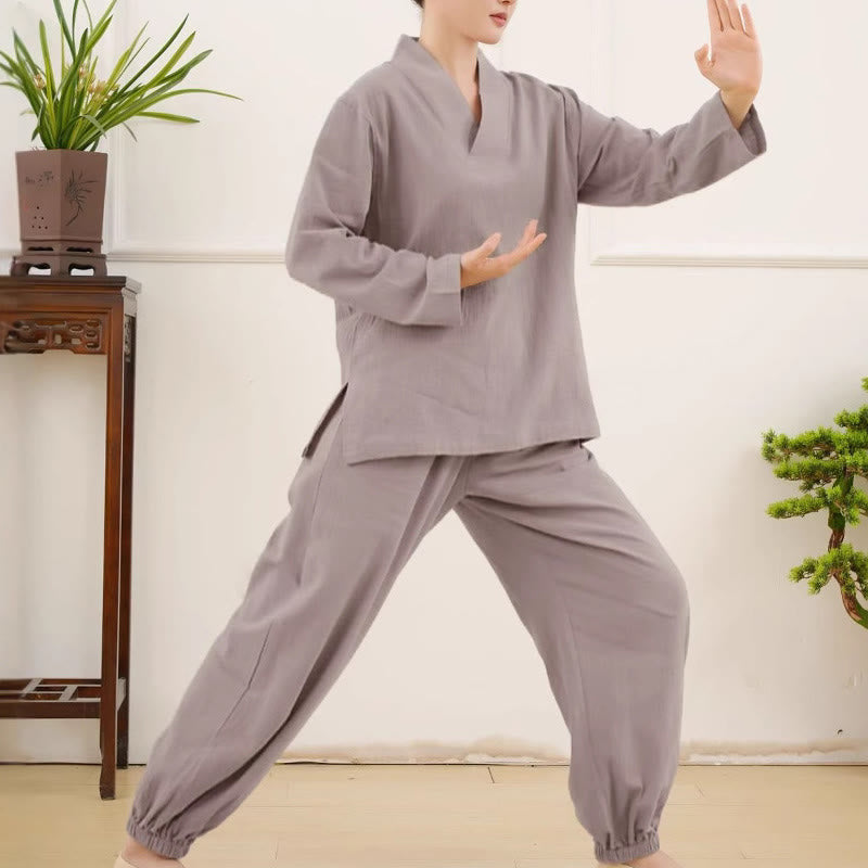 Casual 2pcs Plain Long Sleeve Crumpling Design Shirt Top Skirt With Pockets Meditation Zen Tai Chi Clothing Women's Set
