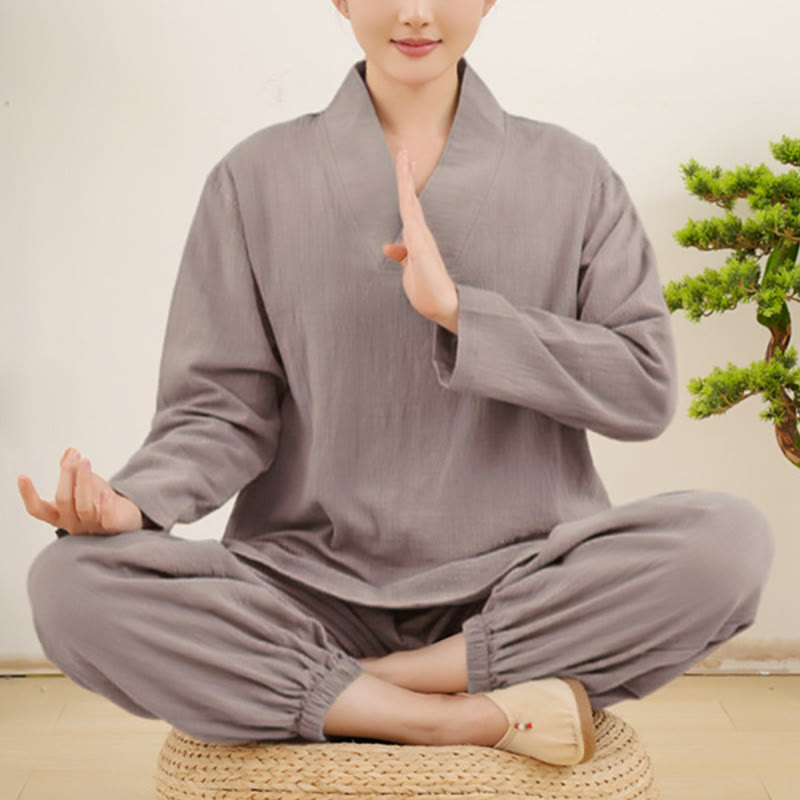 Casual 2pcs Plain Long Sleeve Crumpling Design Shirt Top Skirt With Pockets Meditation Zen Tai Chi Clothing Women's Set