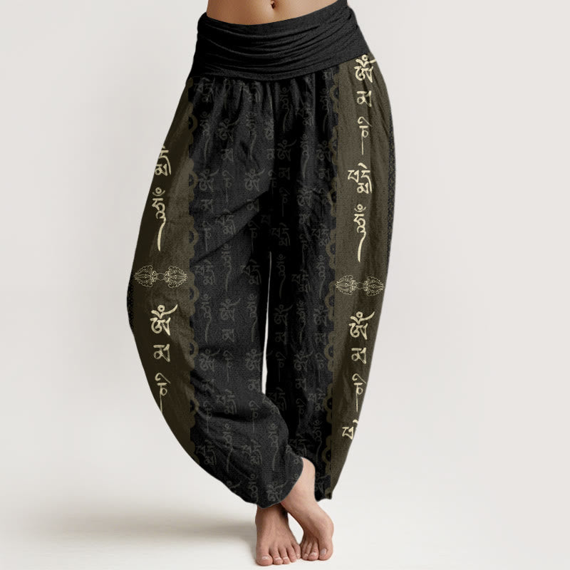 Cotton Om Mani Padme Hum Pattern Women's Elastic Waist Harem Pants
