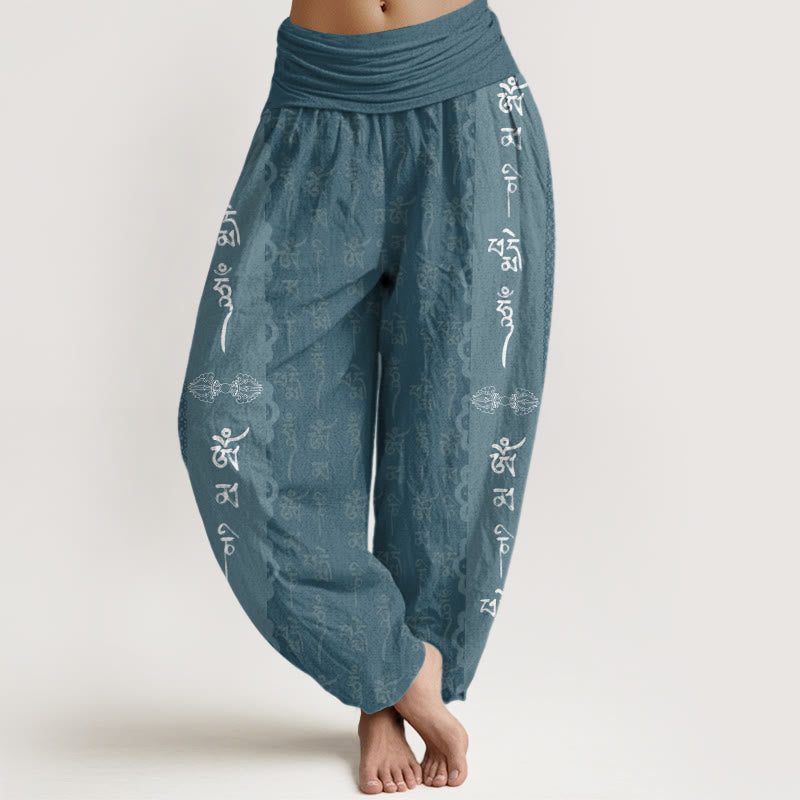 Cotton Om Mani Padme Hum Pattern Women's Elastic Waist Harem Pants