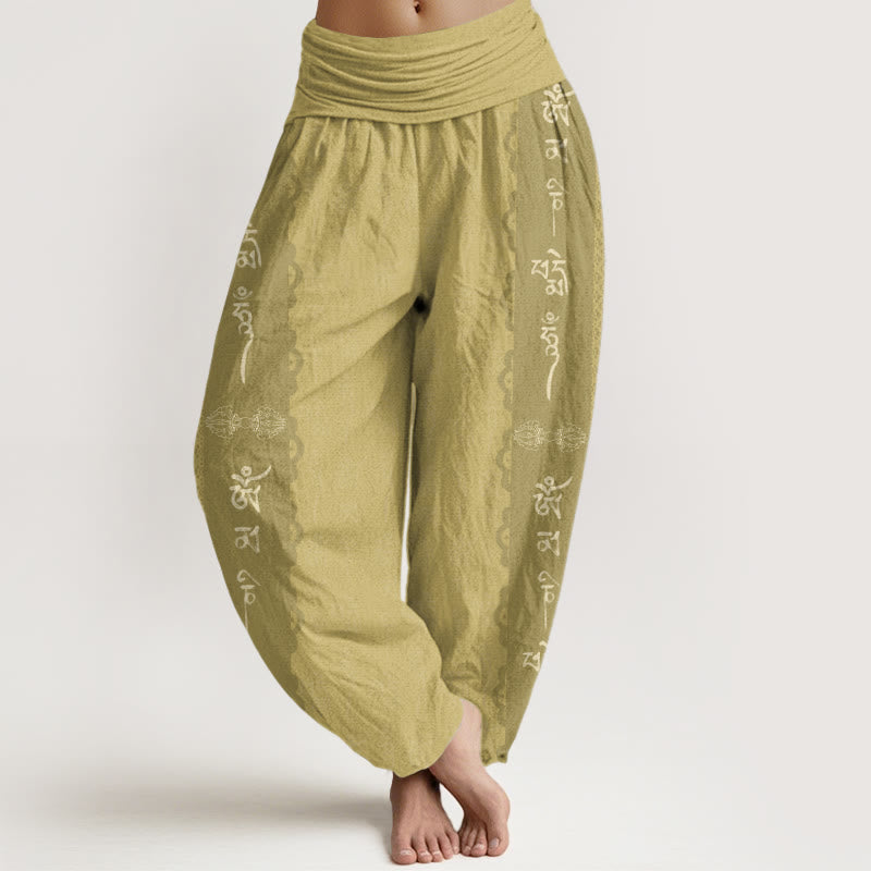 Cotton Om Mani Padme Hum Pattern Women's Elastic Waist Harem Pants