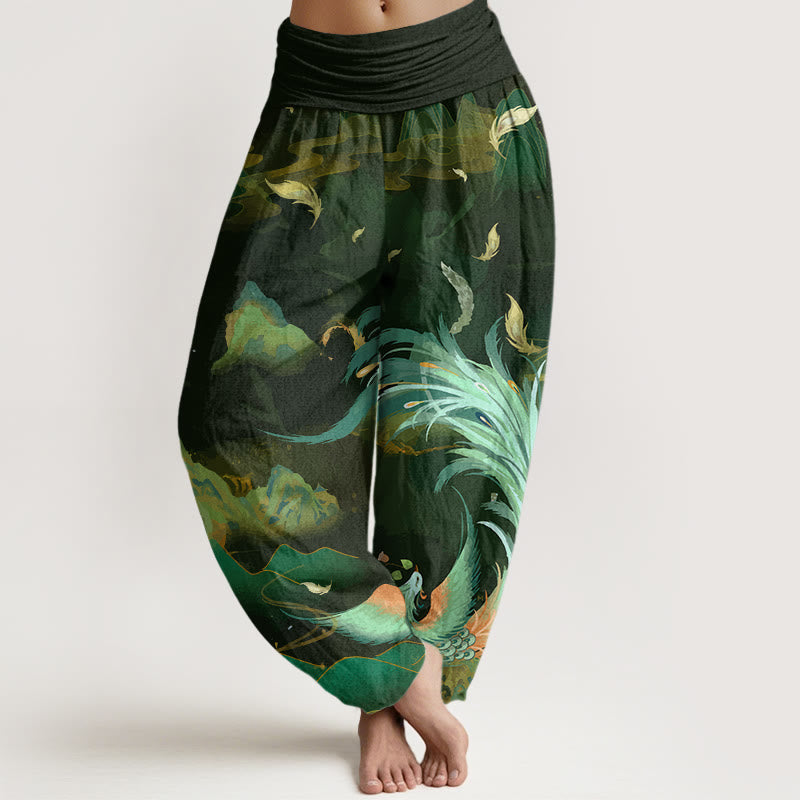 Breathable Cotton Phoenix Print Grounding Harem Pants