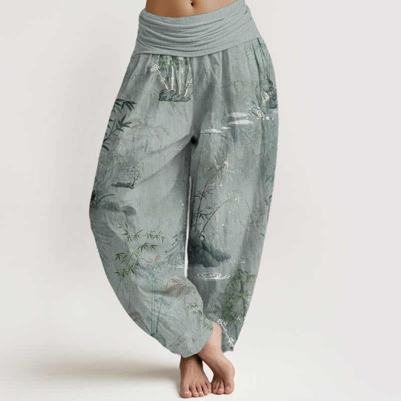 Pure Cotton Casual Bamboo Rock Ink Painting Women's Elastic Waist Harem Pants