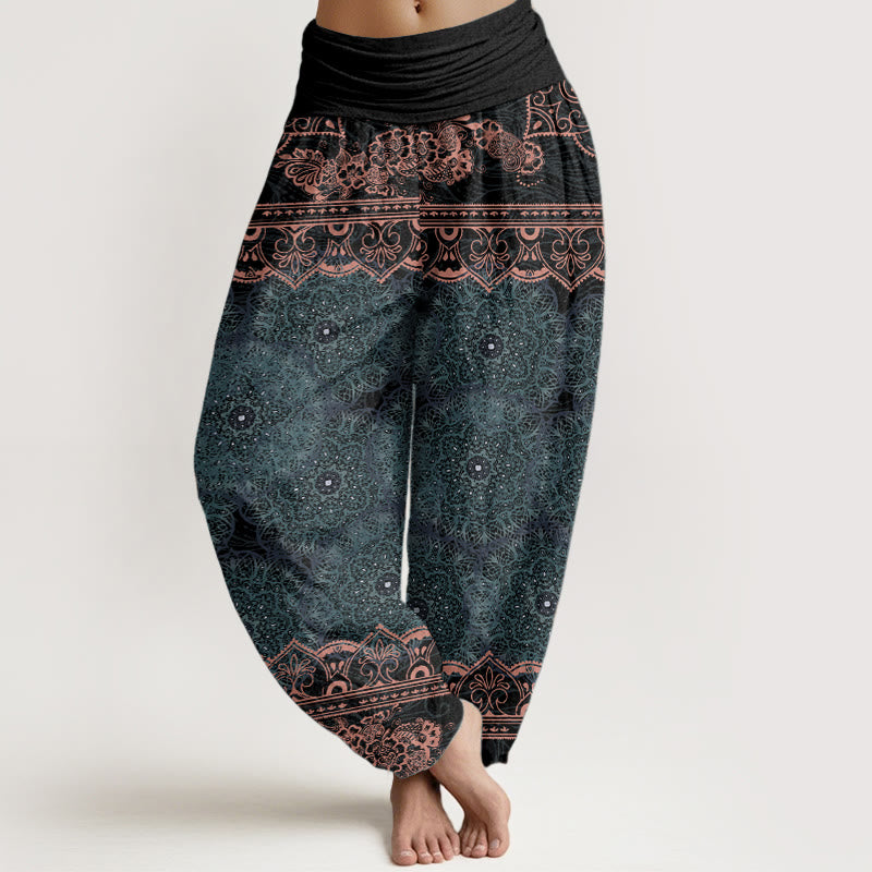 Pure Cotton Elegant Mandala Flowers Design Women's Elastic Waist Harem Pants