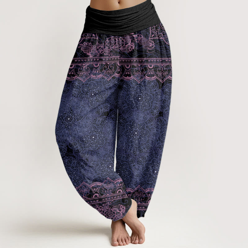 Pure Cotton Elegant Mandala Flowers Design Women's Elastic Waist Harem Pants