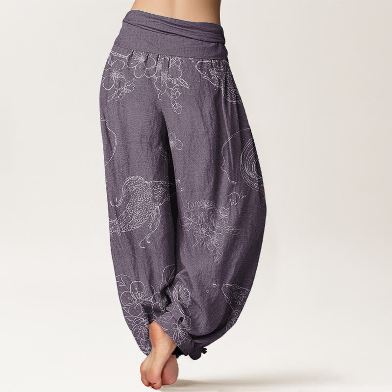Pure Cotton Koi Fish Floral Pattern Women's Elastic Waist Harem Pants