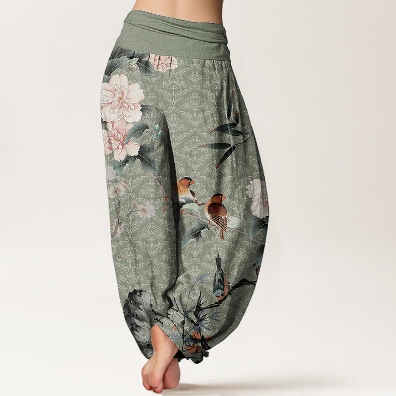 Pure Cotton Warbler Bird Blooming Flower Branches Mandala Pattern Women's Elastic Waist Harem Pants