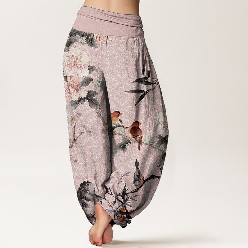 Pure Cotton Warbler Bird Blooming Flower Branches Mandala Pattern Women's Elastic Waist Harem Pants