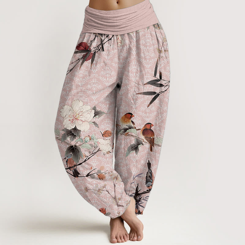 Pure Cotton Warbler Bird Blooming Flower Branches Mandala Pattern Women's Elastic Waist Harem Pants