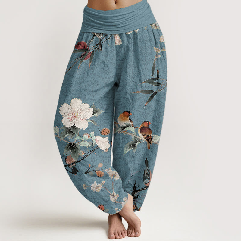 Pure Cotton Warbler Bird Blooming Flower Branches Mandala Pattern Women's Elastic Waist Harem Pants