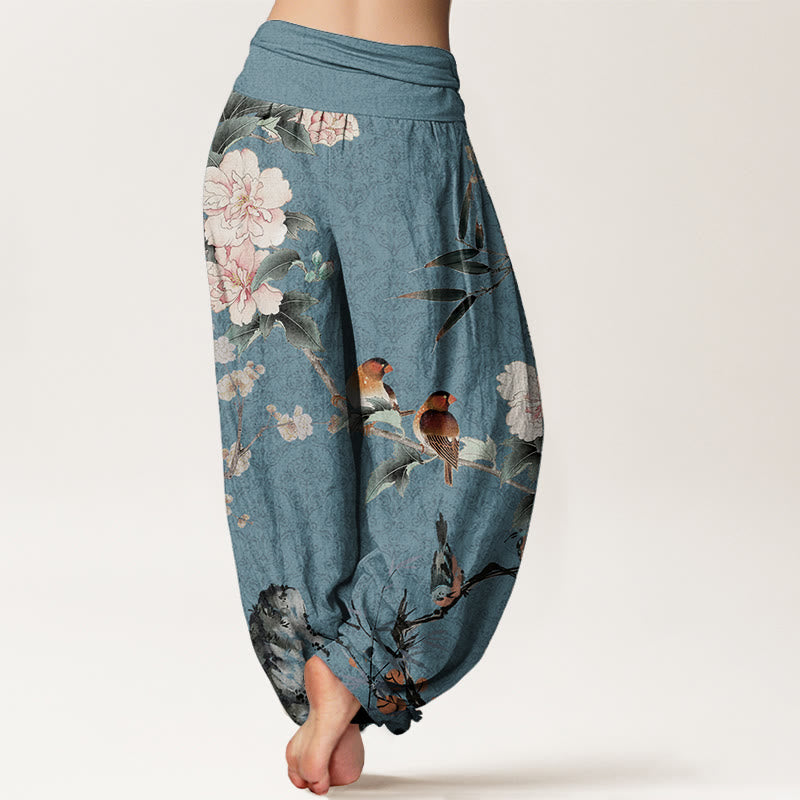 Pure Cotton Warbler Bird Blooming Flower Branches Mandala Pattern Women's Elastic Waist Harem Pants