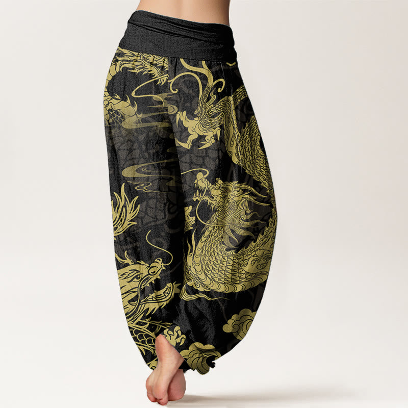 Pure Cotton Dragon Auspicious Clouds Women's Elastic Waist Harem Pants