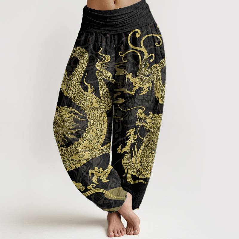 Pure Cotton Dragon Auspicious Clouds Women's Elastic Waist Harem Pants