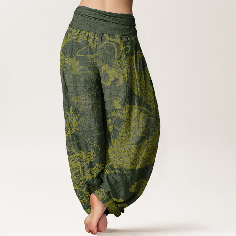 Pure Cotton Dragon Auspicious Clouds Women's Elastic Waist Harem Pants