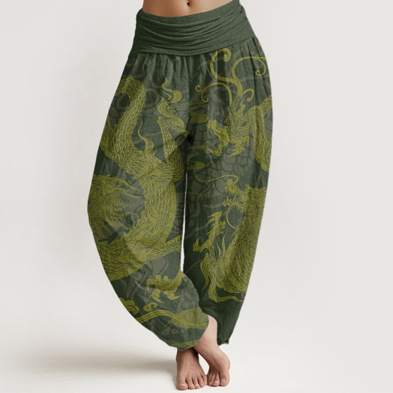 Pure Cotton Dragon Auspicious Clouds Women's Elastic Waist Harem Pants