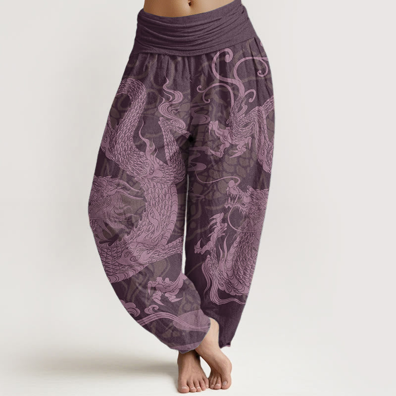 Pure Cotton Dragon Auspicious Clouds Women's Elastic Waist Harem Pants