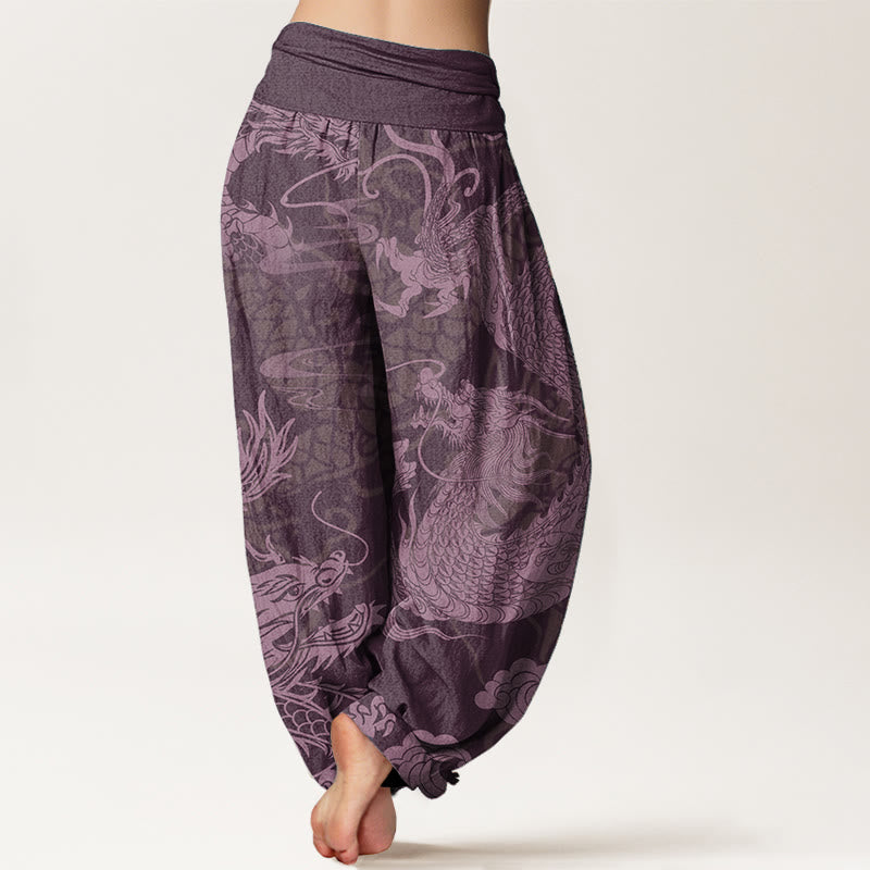 Pure Cotton Dragon Auspicious Clouds Women's Elastic Waist Harem Pants