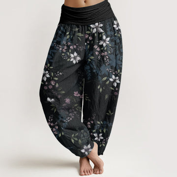Pure Cotton Small White Blossoms Green Leaves Women's Elastic Waist Harem Pants