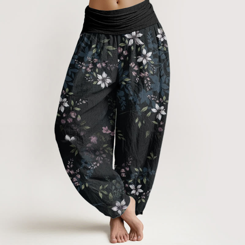 Pure Cotton Small White Blossoms Green Leaves Women's Elastic Waist Harem Pants