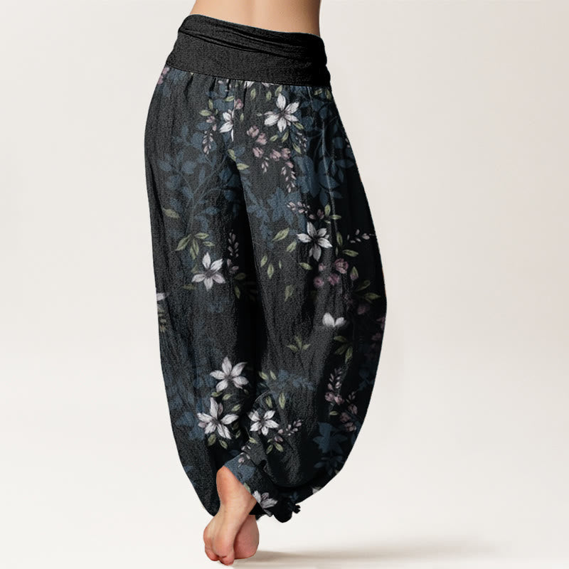 Pure Cotton Small White Blossoms Green Leaves Women's Elastic Waist Harem Pants