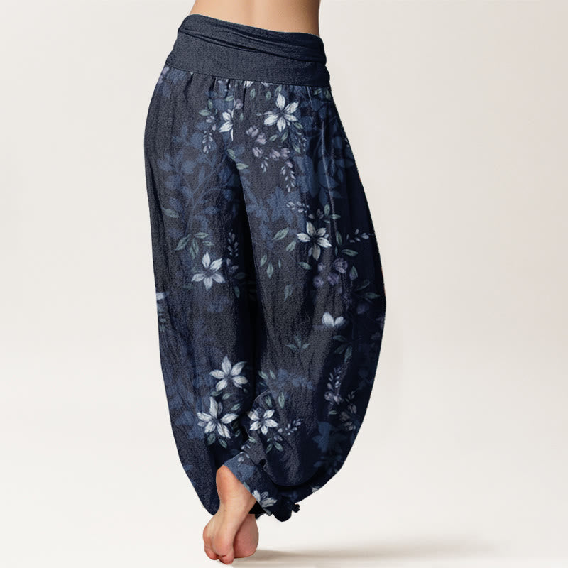Pure Cotton Small White Blossoms Green Leaves Women's Elastic Waist Harem Pants