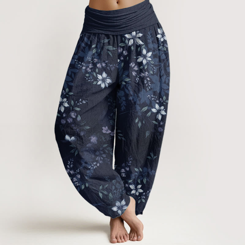 Pure Cotton Small White Blossoms Green Leaves Women's Elastic Waist Harem Pants