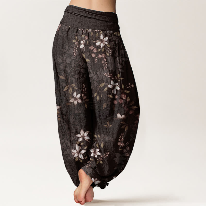 Pure Cotton Small White Blossoms Green Leaves Women's Elastic Waist Harem Pants