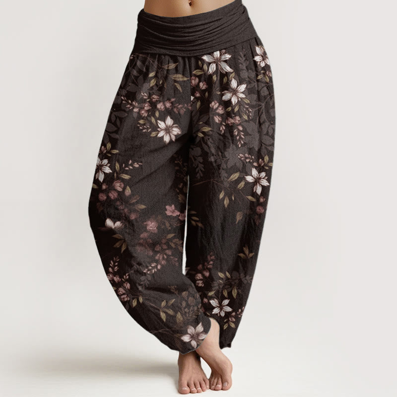 Pure Cotton Small White Blossoms Green Leaves Women's Elastic Waist Harem Pants