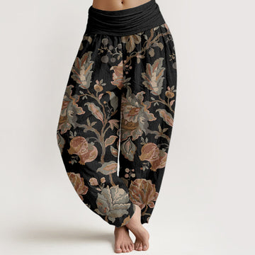 Pure Cotton Casual Blooming Flowers Buds Design Women's Elastic Waist Harem Pants