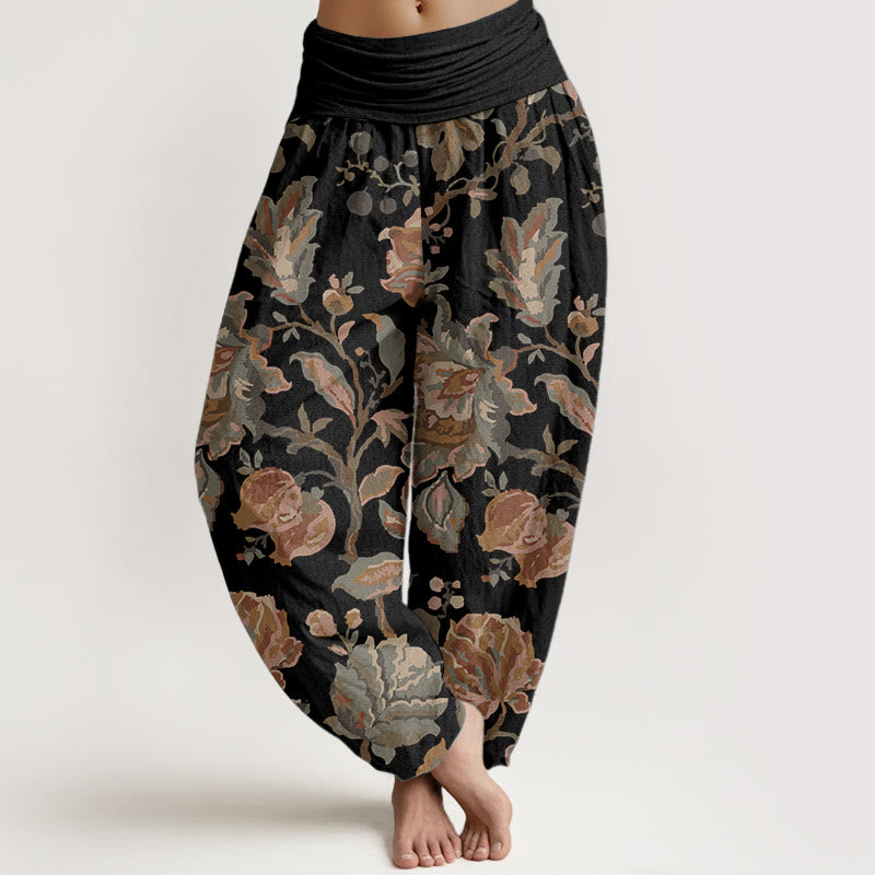 Pure Cotton Casual Blooming Flowers Buds Design Women's Elastic Waist Harem Pants