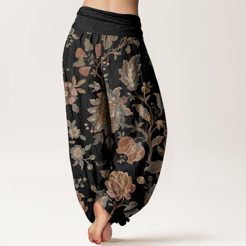 Pure Cotton Casual Blooming Flowers Buds Design Women's Elastic Waist Harem Pants