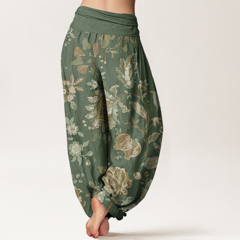 Pure Cotton Casual Blooming Flowers Buds Design Women's Elastic Waist Harem Pants