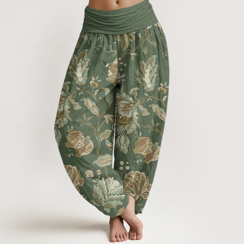 Pure Cotton Casual Blooming Flowers Buds Design Women's Elastic Waist Harem Pants