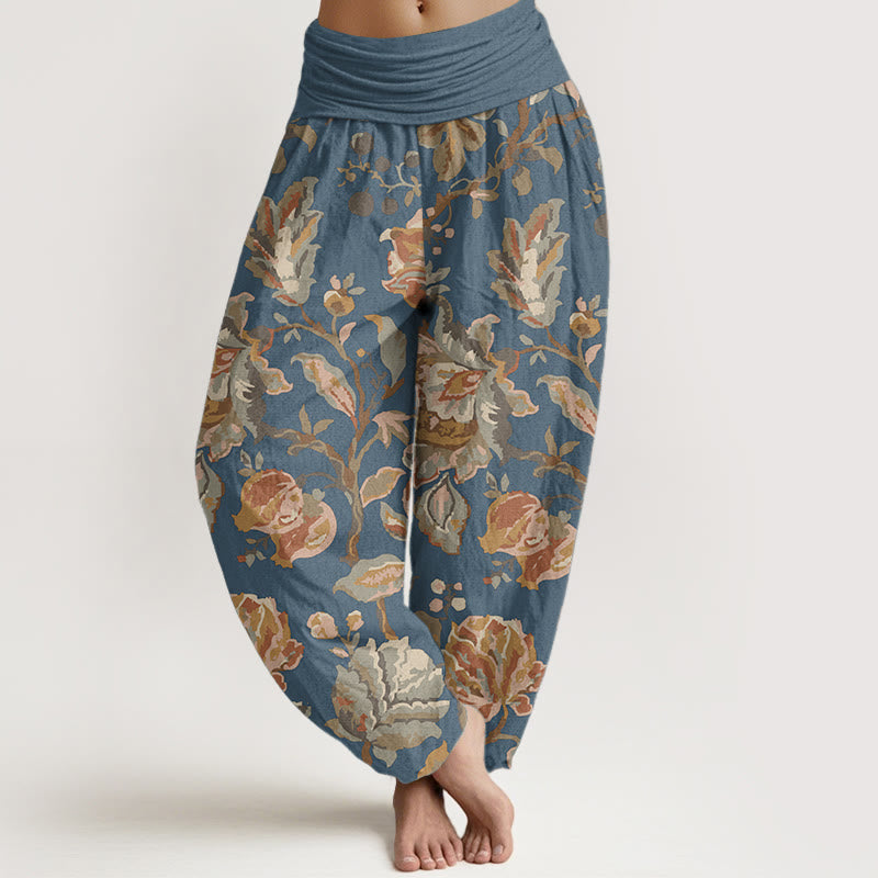 Pure Cotton Casual Blooming Flowers Buds Design Women's Elastic Waist Harem Pants