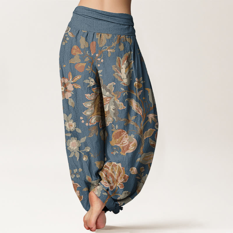 Pure Cotton Casual Blooming Flowers Buds Design Women's Elastic Waist Harem Pants