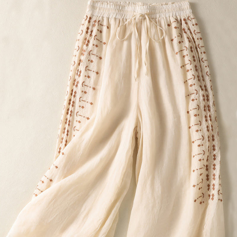 Ethnic Embroidery Drawstring Cotton Linen Women's High Waist Wide Leg Pants With Pockets