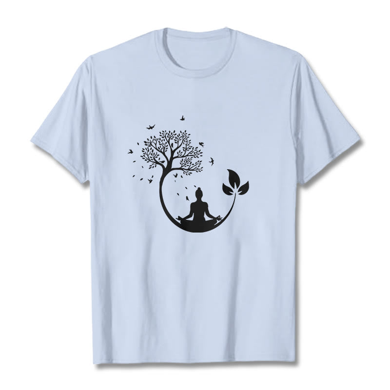 Soft Cotton Meditative Tree Graphic Crewneck Tee