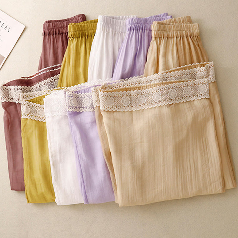 Spring Vintage Casual Solid Color Lace Patchwork Cuff Women's Cotton Linen Wide Leg Pants With Pockets