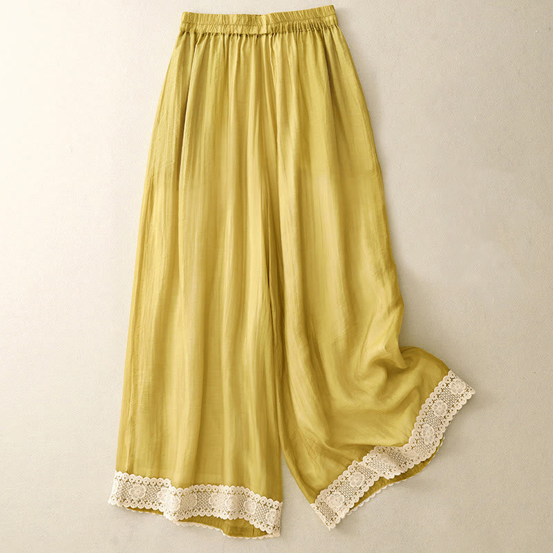 Spring Vintage Casual Solid Color Lace Patchwork Cuff Women's Cotton Linen Wide Leg Pants With Pockets