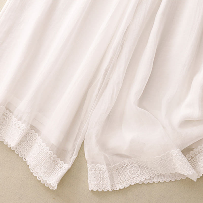Spring Vintage Casual Solid Color Lace Patchwork Cuff Women's Cotton Linen Wide Leg Pants With Pockets
