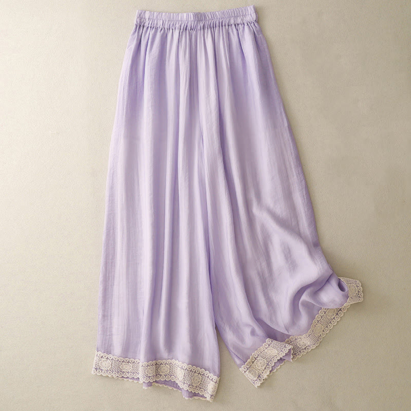 Spring Vintage Casual Solid Color Lace Patchwork Cuff Women's Cotton Linen Wide Leg Pants With Pockets