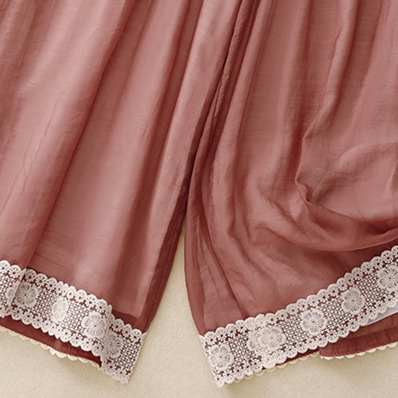 Spring Vintage Casual Solid Color Lace Patchwork Cuff Women's Cotton Linen Wide Leg Pants With Pockets